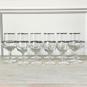 VINTAGE Glassware w/ Silver Band - Set of 12 - Coupes, Cordials, & Wine Glasses